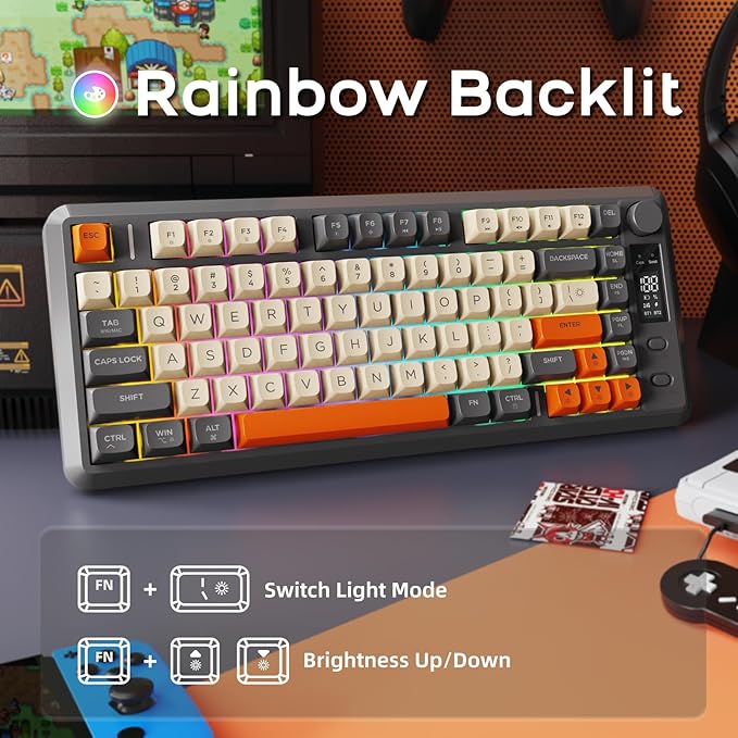 M75 Wireless Gaming Keyboard Mechanical Feel Membrane with Knob &amp OLED Display Bluetooth/2.4Ghz Rainbow Backlit Gradient PBT Keycaps 2000mAH Battery Anti-Ghosting-Dark Grey