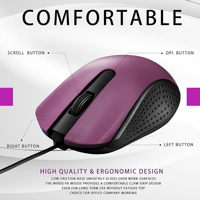 Bonuci 30 Pack USB Wired Mouse 3 Button Corded Computer Mice Bulk USB Mouse for PC Desktop Laptop Office School Classroom Use(Purple)
