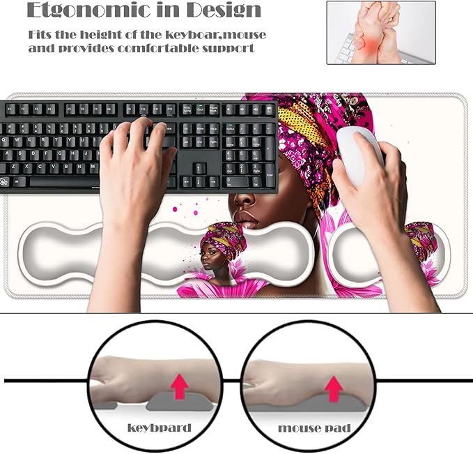 Ergonomic Keyboard Wrist Rest &amp Mouse Pad Wrist Rest SetXL Gaming Desk Mat 31.5x 11.8Non-Slip BaseMemory FoamEasy Typing Pain Relief for Office &amp HomeAfrican Woman