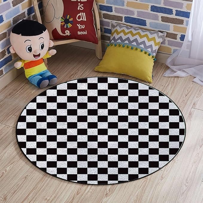 Checkered Gaming Chair Mat Round Floor Mats for Office Chair Computer Gaming Desk Mat for Rolling Chair Non-Slip Gaming Rug Checkers Game Geometric Grid StyleWhite Charcoal Diameter 43.3 in