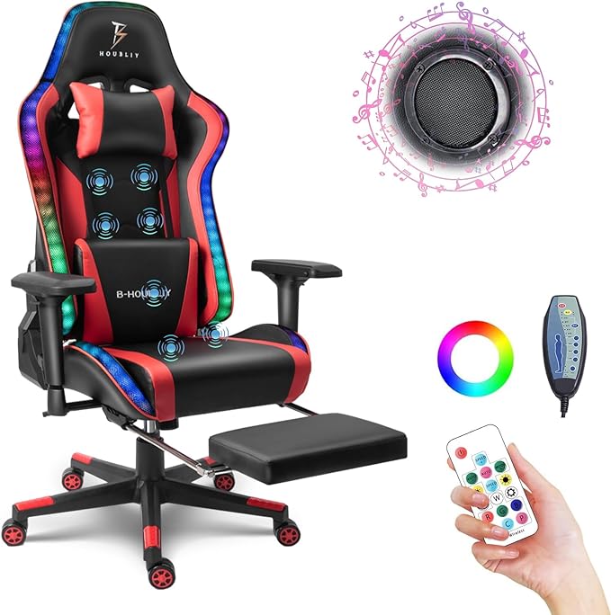 XOOFMASS Massage Gaming Chair with Speakers and RGB LED Lights Ergonomic Computer Gaming Chair with Footrest Music Video Game Chair High Back with Lumbar Support Swivel &amp Adjustable &amp PU Leath
