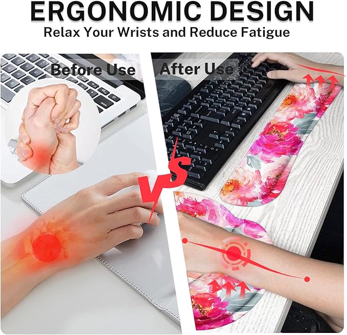 Arttown Flower Floral Pink Desk Mat Peony Spring Summer Mouse Pad Set 4-in-1 Large Mousepad+Keyboard Wrist Rest+Mouse Wrist Rest+Coaster with Ergonomic Design Non-Slip Mat