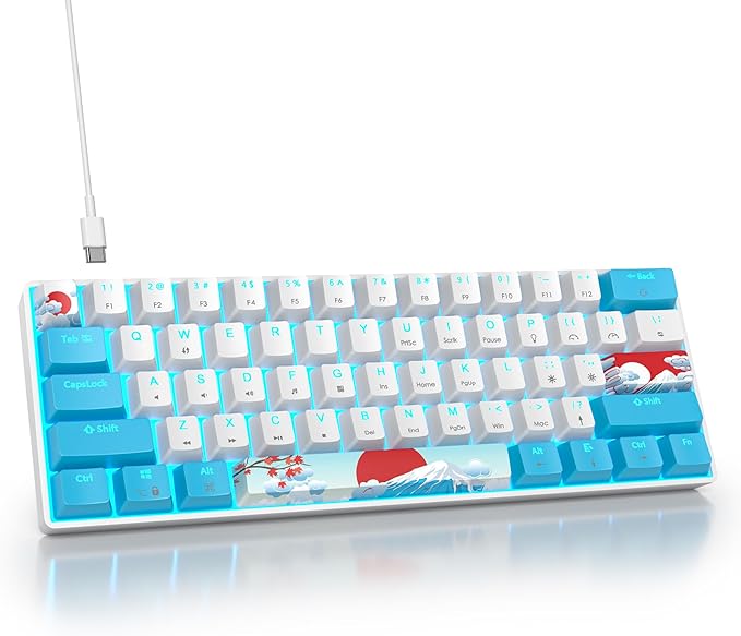 surmen 60% Wired Mechanical Gaming Keyboard Backlit Ultra-Compact Mini Office Keyboard with Red Switch for PC/Mac Gamer Typist (61 Blue White)