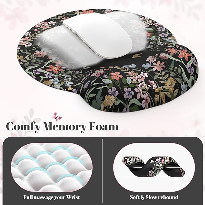 iLeadon Floral Desk Cover Mat Cute Ergonomic Mouse Pad and Keyboard Wrist Rest Smooth Mouse Pad Set Non Slip Scalloped Desk Pad Mat for Keyboard and Mouse Set Women Aesthetics(Black)