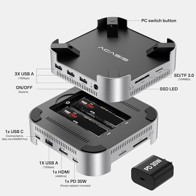 ACASIS 10Gbps Mac mini M4 Dock &amp Stand with Dual-Bay NVMe SSD Enclosure Bundle with 10Gbps M.2 NVMe &amp SATA SSD Enclosure