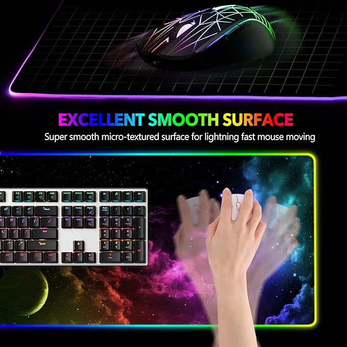 AIMSA Large RGB Gaming Mouse Pad Keyboard Mousepad Led Extended 35.4 x 15.8 inch Non-Slip Rubber Base with 14 Lighting Modes Big Desk Mat Waterproof Nebula Universe
