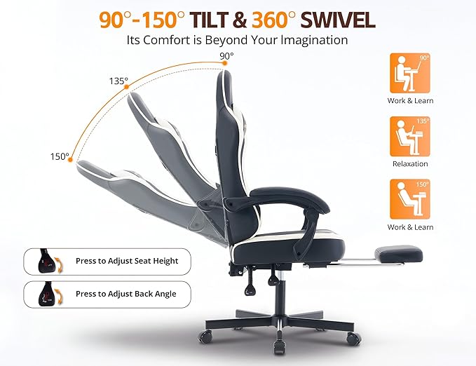 Office Chair Breathable Leather with Pocket Spring Cushion Wide and High Ergonomic Office Chair with Headrest Computer Gaming Chair with Footrest for Adult Black and White