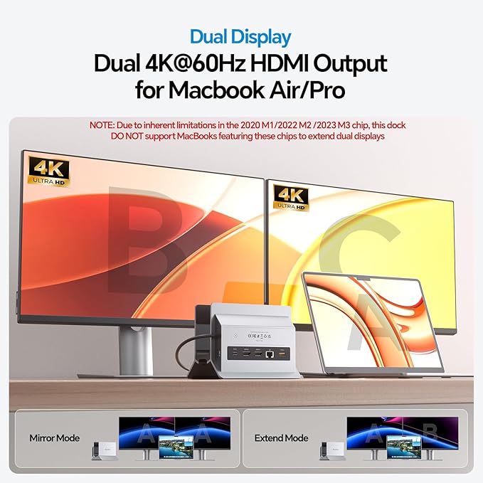 MacBook Docking Station Dual Monitor Vertical Mac Laptop Docking Station Dock Stand with 2 HDMI 4K@60Hz USB A/C 10Gbps PD Ethernet USB 2.0 SD/TF Compatible with MacBook Pro Air M3 M4 M5