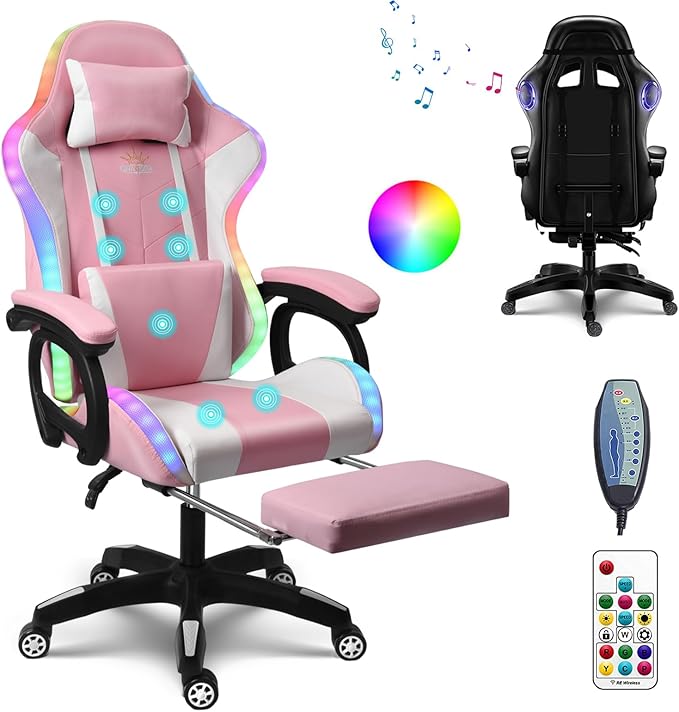Massage Gaming Chair with Speakers Video Game Chair with RGB LED Lights Ergonomic Racing Office Chair PU Leather Recliner Computer Chair Swivel Chair with Headrest Armrest Lumbar SupportPink