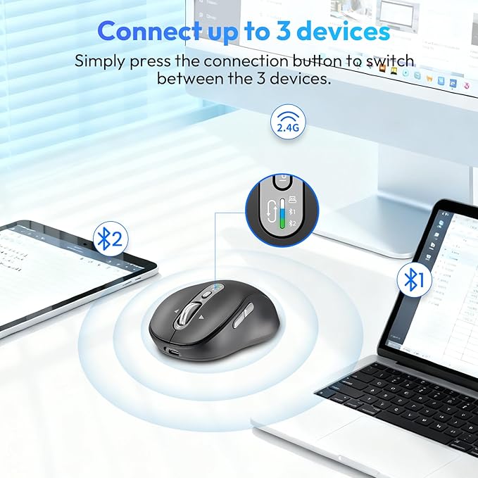 Wireless Bluetooth Mouse Portable Rechargeable Multi-Device4-Level DPIUSB-A Receiver and Two Bluetooth Multi-System4-Way Scrollig for MacBook Air/Pro iPad Laptop Computer. (Grey)