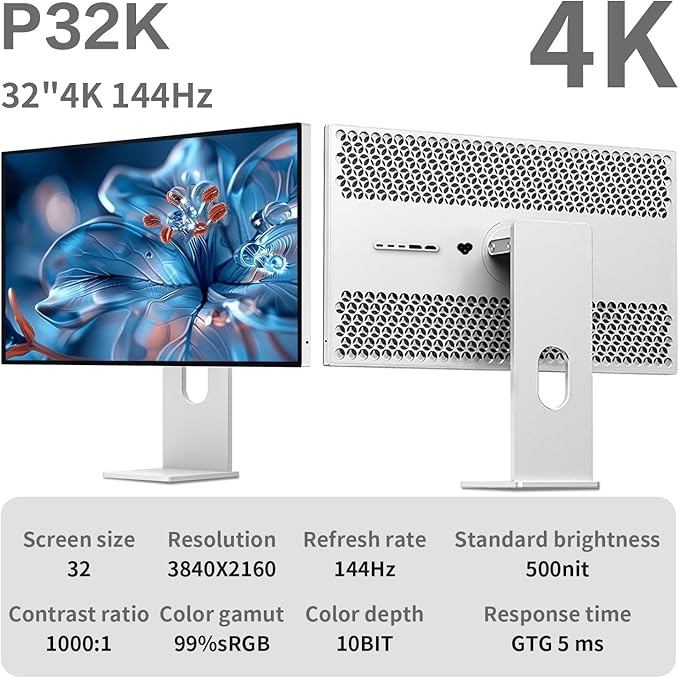 P32K 32 inch FHD (3840 x 2160) 4K 144HZ Gaming Monitor IPS Black Panel 1.07 Billion Colors 99% sRGB 5msHDR10G-Sync FreeSyncHDMIDPVESA178° Viewing Angle (Honeycomb - Without Stand)