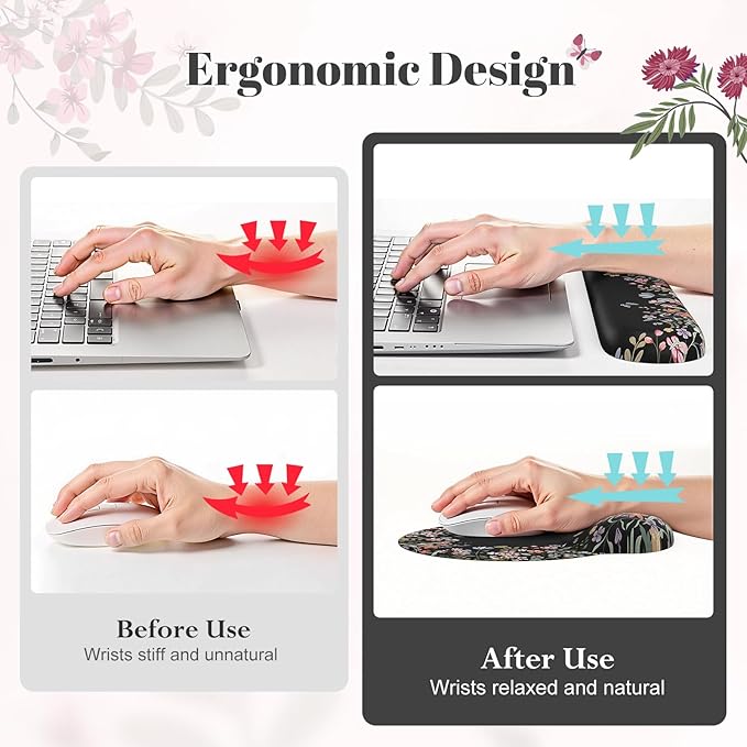 iLeadon Floral Desk Cover Mat Cute Ergonomic Mouse Pad and Keyboard Wrist Rest Smooth Mouse Pad Set Non Slip Scalloped Desk Pad Mat for Keyboard and Mouse Set Women Aesthetics(Black)