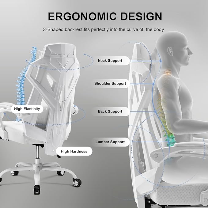 GTPLAYER Gaming Chair Computer Chair with Mesh Back Ergonomic Game Chair with Footrest Reclining Game Chair with Adjustable Headrest and Lumbar Support for Gaming and Office (White)