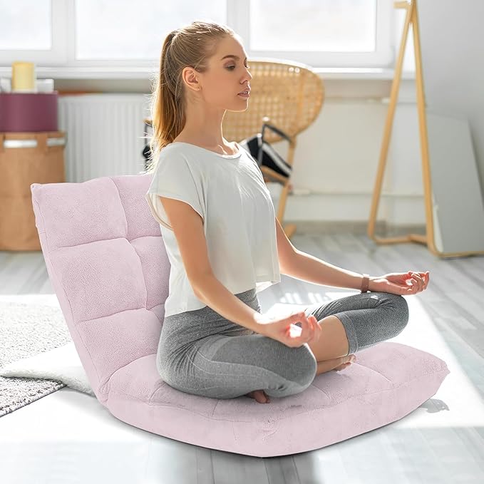 KOMFOTT 14-Position Adjustable Floor Chair with Back Support - Folding Padded Gaming Sofa Chair for Reading Meditation Living Room Lazy Lounge Video Gaming - Light Pink