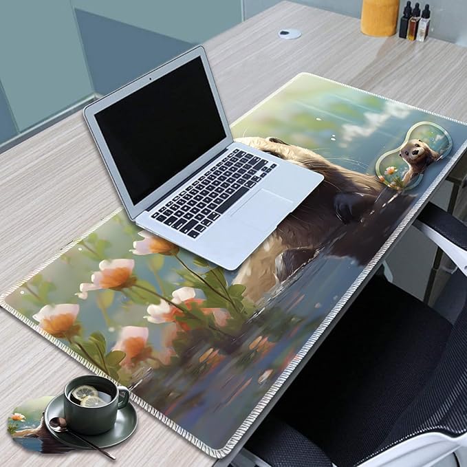 Large Game Mouse Pad + Wrist Support Pad + Coffee Coaster Desk Pad with Sewn Edges Anti-Slip Set pad Suitable for Office Work and Home - Cute Otter
