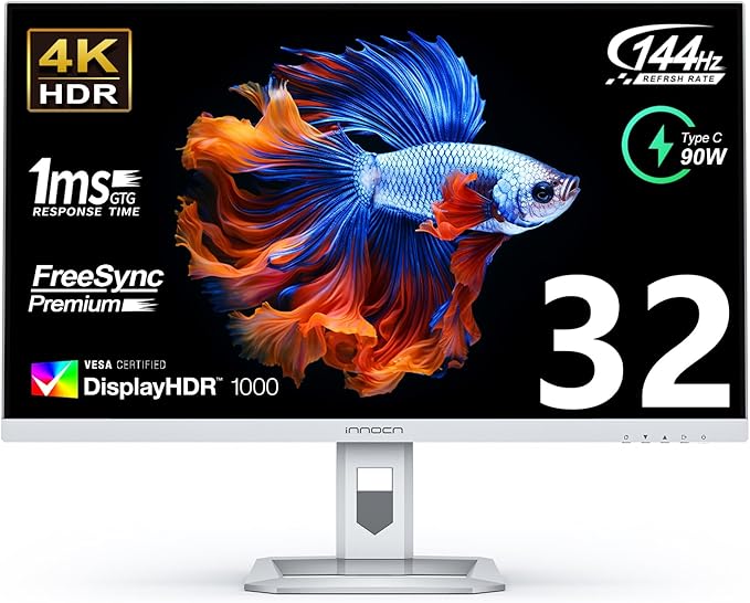 INNOCN 32 Mini LED 4K UHD 3840 x 2160 Computer Gaming Monitor 144Hz 1ms IPS HDR1000 HDMI 2.1 Monitor 99% DCI-P3 USB Type-C Connectivity Pivot/Height Adjustable Stand - 32M2V