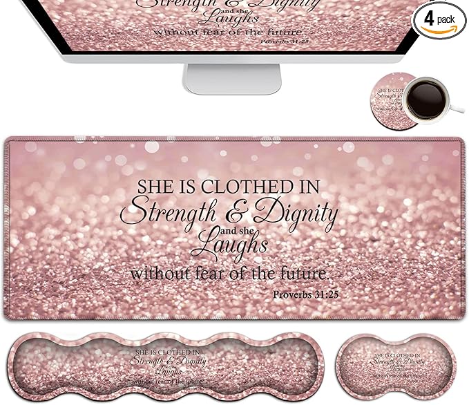 Keyboard Mouse Pad SetExtended Gaming Mouse Pad + Memory Foam Keyboard Wrist Rest Support Proverbs 31:25 Bible Pink Office Desk Mat Writing Pad Easy Typing Pain ReliefXXL Large Mousepad Desk Mat