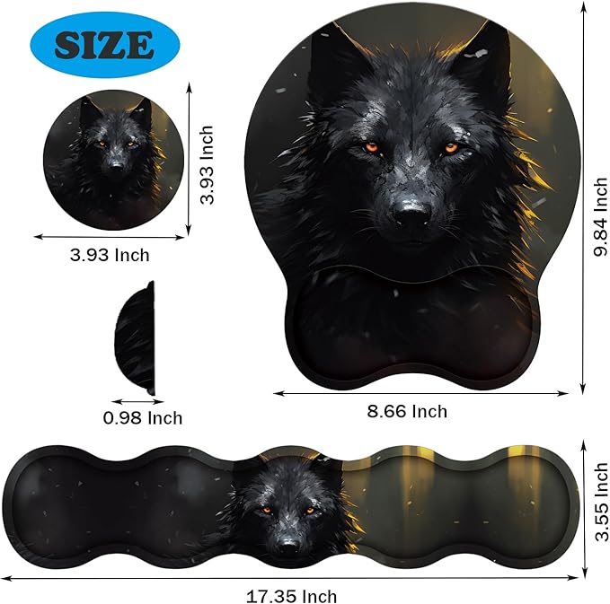 Keyboard Wrist Support + Wrist Mousepad + Coaster Combination Non-Slip PU Base with Gel Memory Mousepad Suitable for Gaming Office Pain Relief Mousepad Set - Black Wolf