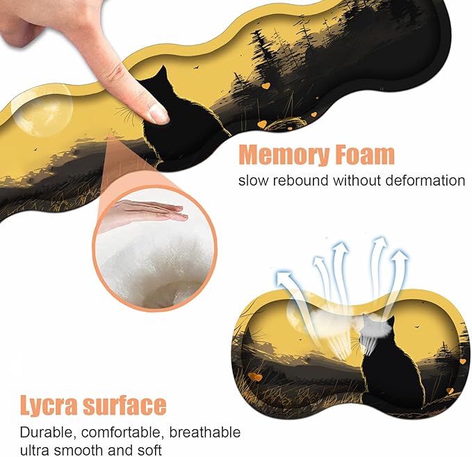 Ergonomic Keyboard Wrist Rest &amp Mouse Pad Wrist Rest Set Large XXL Gaming Desk Mat 31.5x 11.8 with Non-Slip Base Memory Foam Easy Typing Pain Relief for Home &amp Office Black Cat