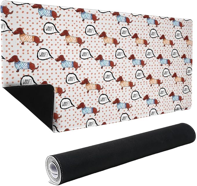 Woof Goes The Wieners Dachshunds Dogs in Sweaters Pattern Large Gaming Mouse Pad Desk Mat with Stitched Edges Non-Slip Base