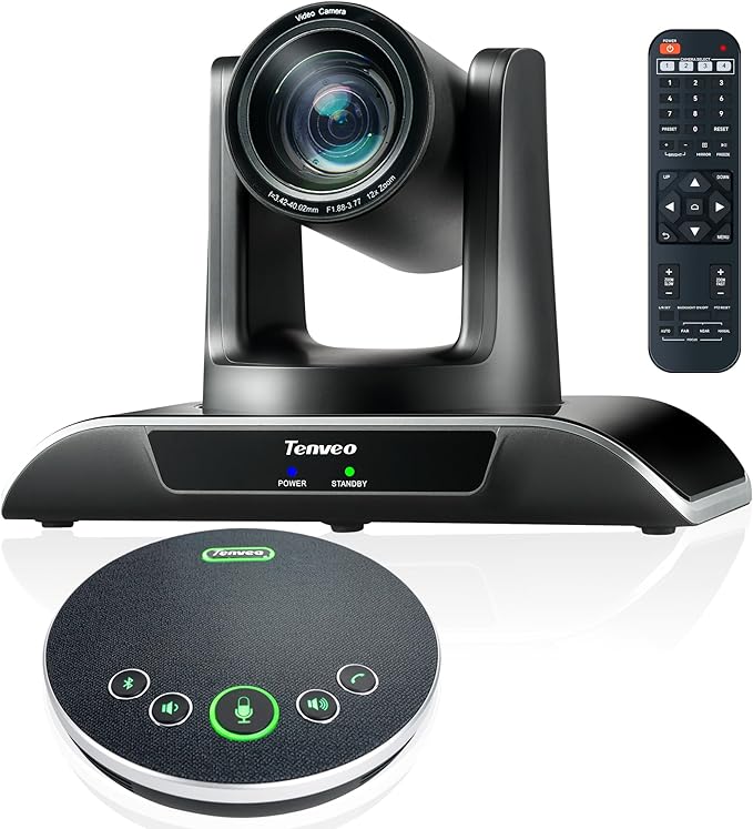 Tenveo 12X Optical Zoom All-in-One Conference Room Camera Bundle 1080P 60FPS USB3.0/HDMI PTZ Camera and Bluetooth Speakerphone Video Audio Conferencing System for Larger Meeting Conference Church