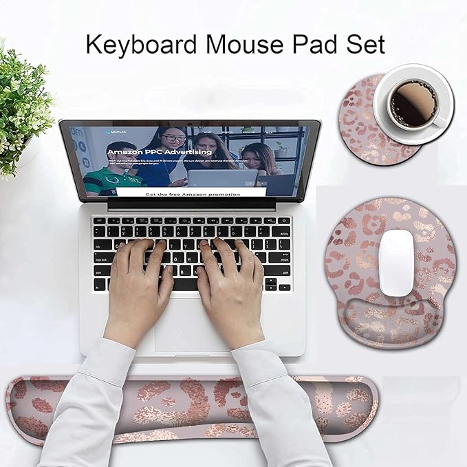 Ergonomic Mouse Pad Wrist Support and Memory Foam Keyboard Wrist Rest Set for Gaming Computer Office Laptop Easy Typing Wireless Mouse Mat Gel Gaming Pad Rose Gold Leopard Print Office Desk Pad