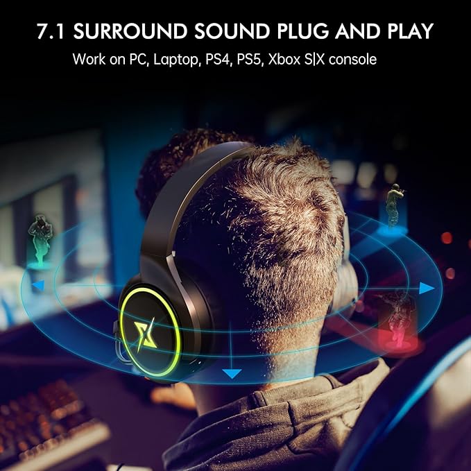 2.4G Wireless Gaming Headset for PC PS4 PS5 MacMobile- Rotatable &amp Foldable Bluetooth V5.3 Headphone-20h Battery &amp RGB Light-Memory Ear Pads-Stretchable Noise Cancelling