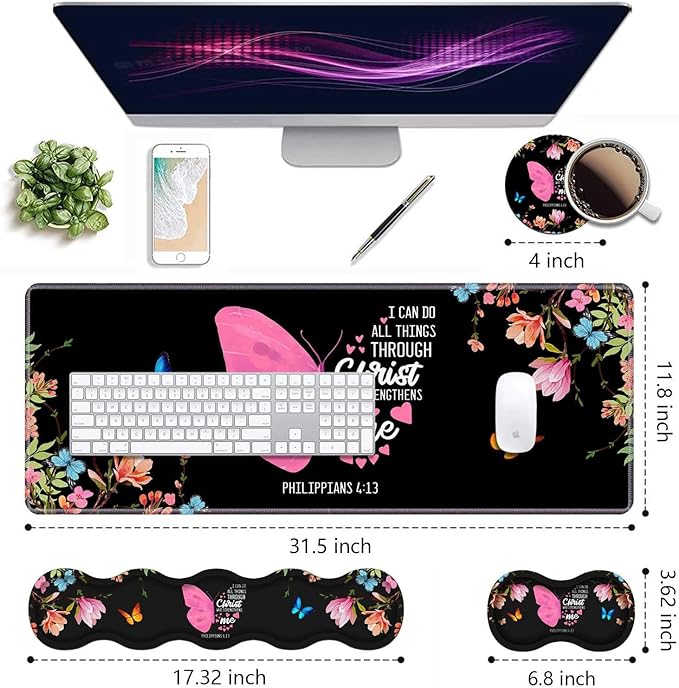 Ergonomic Keyboard Wrist Rest &amp Mouse Pad Wrist Rest SetFloral Butterfly Quote Bible Verse Philippians 4:13 Large Gaming Desk Mat 31.5x 11.8 with Memory FoamEasy Typing Pain Relief for Home Of