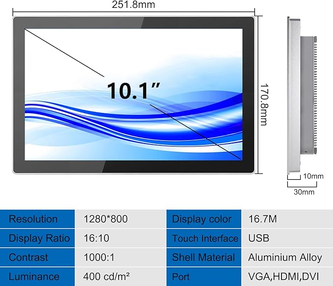 GreenTouch 10.1 Inch Industrial Embedded Interactive Touchscreen Monitor Capacitive Multi-Touch Screen Display with Front IP65 Water-Proof - 1280 x 800 Resolution