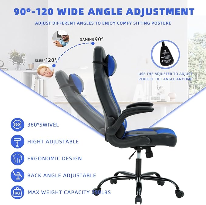 Big Tall Gaming Chair - Ergonomic Office Chair with Height Adjustable Tiltable Lumbar Support Blue