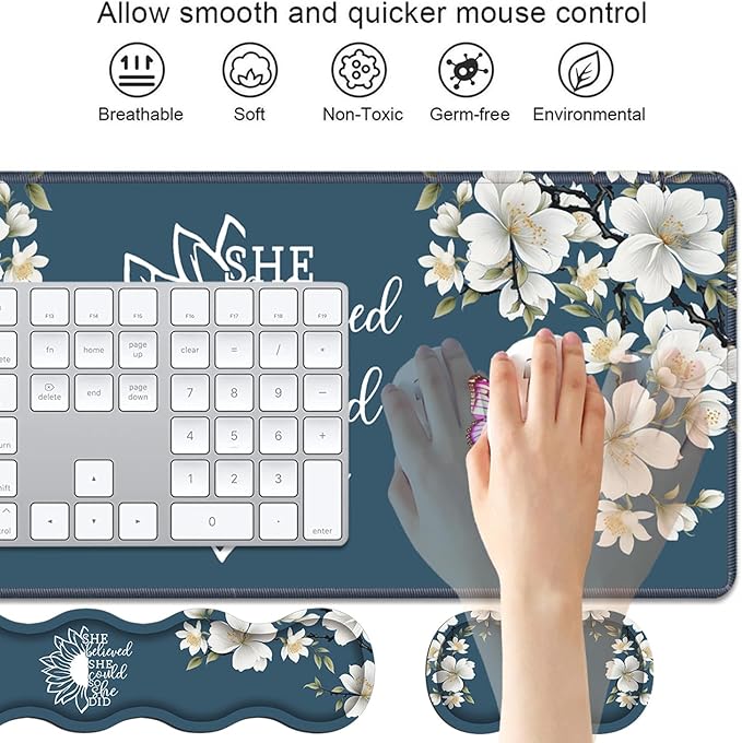 Ergonomic Keyboard Wrist Rest &amp Mouse Pad Wrist Rest Set She Believed She Could So She Did Inspirational Quote Large XXL Gaming Desk Mat 31.5x 11.8 with Non-Slip Base for Home Office Study Gami