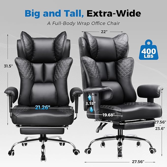 GTPLAYER Big and Tall Office Chair 400LBS Wide Ergonomic Gaming Chair with Deluxe Embossing Designed Leather with Foot Rest150°Reclining Adjustable Soft Armrests Pocket Spring Back Support and Pillow