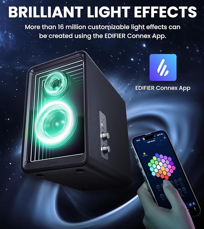 Edifier QR65 Desktop Active Monitor with 2.75 Long-Throw Aluminum Diaphragm mid-Low Drivers Hi-Res Audio Brilliant Light Effects 70W Output Power Bluetooth Speakers with Stands - Black