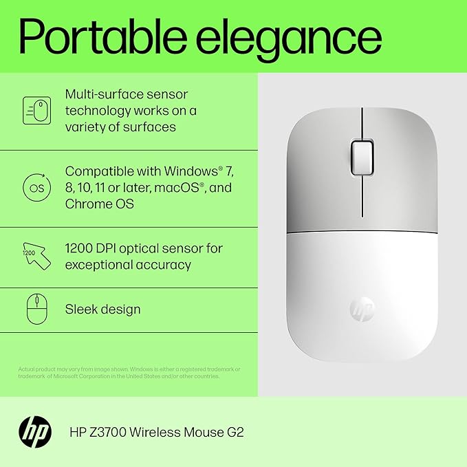 HP Z3700 G2 Wireless Mouse - White Sleek Portable Design fits Comfortably Anywhere 2.4GHz Wireless Receiver Blue Optical Sensor for Wins PC Laptop Notebook Mac Chromebook (681S1AA#ABL)