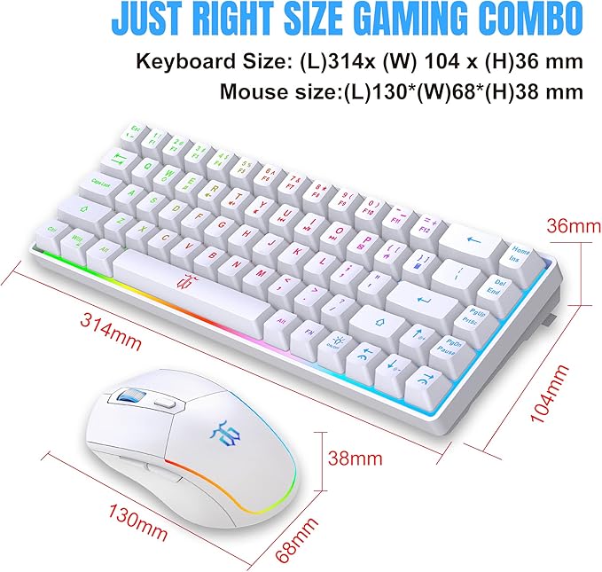 Snpurdiri 60% Wireless Gaming Keyboard and Mouse ComboLED Backlit Rechargeable 2000mAh BatteryMini Mechanical Feel Anti-ghosting Keyboard +Popular RGB Gaming Mice for PC Gamer (White)