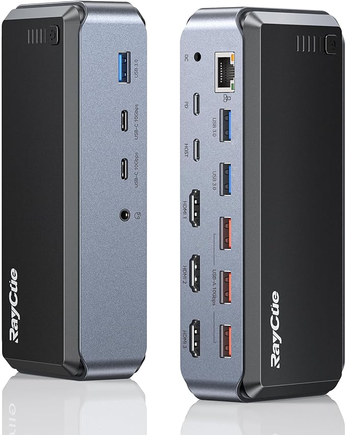 Raycue Triple Monitor USB C Docking Station - MacBook Pro Docking Station with Power Adapter for MacBook M1/M2/M3/Windows HDMI*3 RJ45 10Gbps USB*5 PD USB 3.0*2