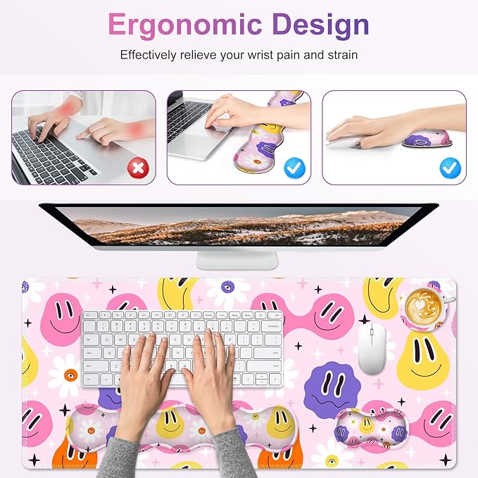 Gaming Mouse Pad Keyboard Wrist Support 4 in1 Mousepad with Wrist Keyboard Rest Computer Desk Mat Non-Slip Desk Pad Protector with Memory Foam Easy Typing Pain Relief I Cute Hippie Smiley