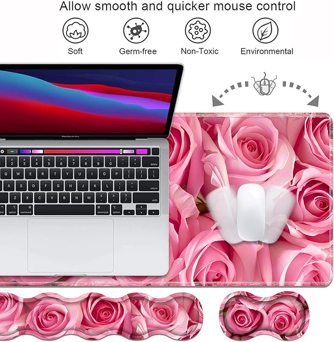 Ergonomic Keyboard Wrist Rest and Mouse Pad Wrist Rest Set Large XXL Gaming Mousepad 31.5x 11.8 Memory Foam Easy Typing Pain Relief Multifunctional Desk Mat for Office &amp Home Pink Roses