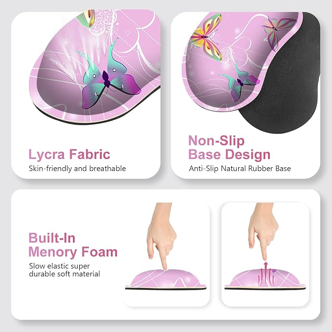 Pink Butterfly Desk Mat Florals 4 in1 Large Gaming Mouse Pad Set Ergonomics Keyboard Pad with Memory Foam Wrist Rest Extended Game Mousepad Non-Slip Desk Protector Matt Easy Typing Pain Relief