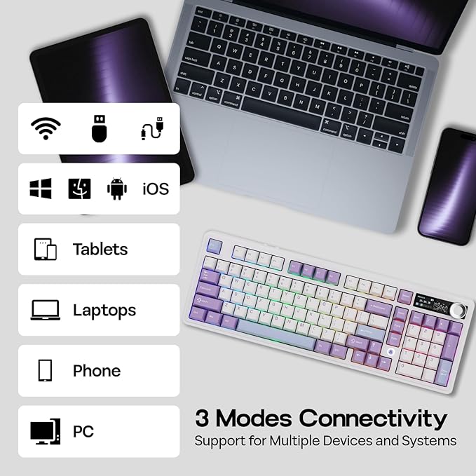 MechLands AJAZZ AK980 V2 Mechanical Gaming Keyboard with Display Screen 10000mAh Battery 98% Wireless Keyboard with BT/USB-C/2.4GHz Hot Swappable Knob RGB for Win/Mac (White Gift V2 Switch)