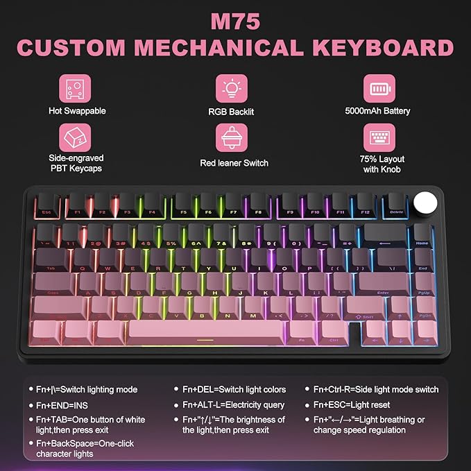 CC MALL M75 Mechanical Keyboard75% Gasket Hot SwappableRGB BacklitSide Printed PBT Keycaps2.4Ghz/Bluetooth/USB-C Gaming Keyboards (Black and Pink)