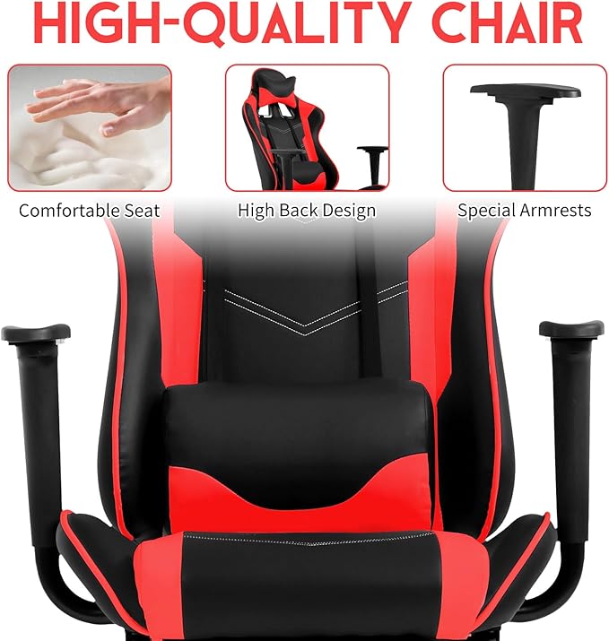 BLKMTY Gaming Chair with Footrest Ergonomic Office Racing Computer Chair with PU Leather High Back Lumbar Support Headrest Adjustable Height Reclining Chairs Red