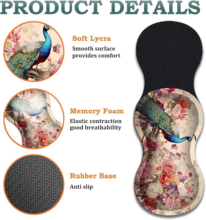 Large Gaming Mouse Pad + Wrist Rest + Lace Coaster Non-Slip Set with Sewn Edges and Waterproof Expandable Desktop Pad Suitable for Office/Home Peacock and Flowers