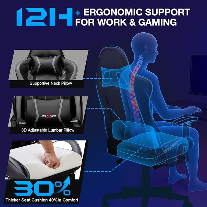 Douxlife 7-Point Massage Gaming Chair with Footrest 400lbs Heavy Duty Ergonomic Computer Chair 175° Reclining High Back Racing Seat for Adults with Adjustable Armrests &amp Lumbar Support Grey