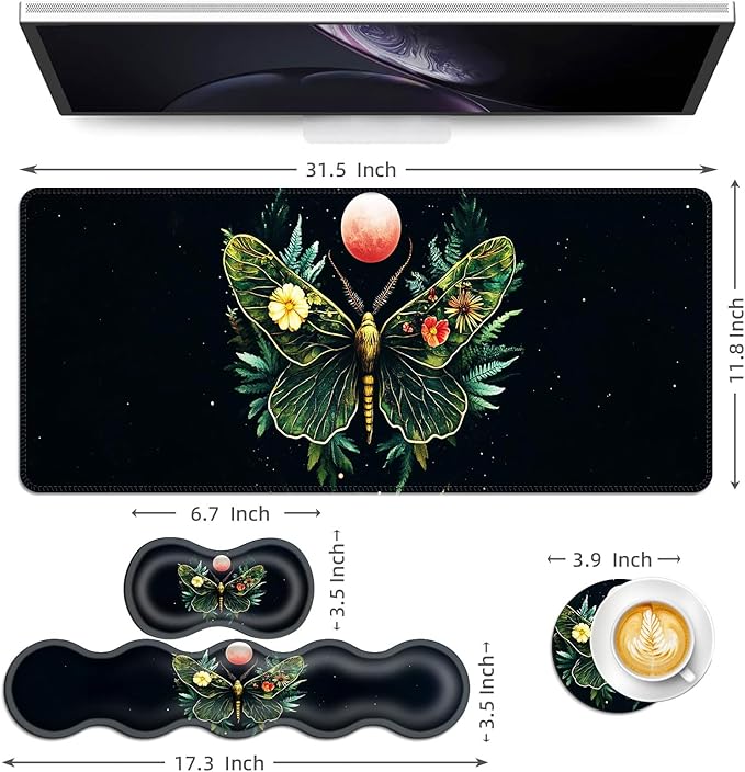 Keyboard Mouse Pad Set Extended Gaming Mouse Pad+Ergonomics Keyboard Wrist Rest Support Memory Foam Easy Typing Pain Relief 4Pcs XL Ultra Thick Desk MatFloral Moth Red Moon