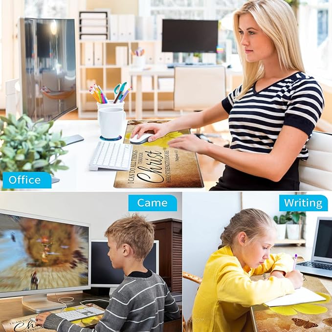 Desk Pad Mat + Wrist Rest Pad + Coasters Set Durable Office Desk Mat 31.5x 11.8 Large Gaming Mouse Pad Extended Non-Slip Rubber Base Keyboard Pad for Laptop &amp Home Bible Verse Philippians 4:1