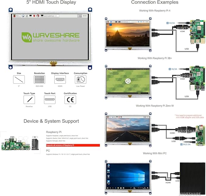 waveshare 5 Inch Resistive Touch Screen LCD(B) 800X480 High Resolution HDMI USB Interface for Raspberry Pi/Banana Pi Mainboard/Raspberry Pi 3 Model B/3B+