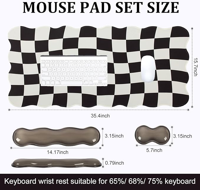 L-SPOUTTO Black Checkered Mouse Pad SetScalloped XXL Desk Mat + Ergonomic Mouse Wrist Rest + Gel Keyboard Wrist Rest for Keyboard 65%/75%3in1 Large Desk Pad for Desktop Home Office Computer Game