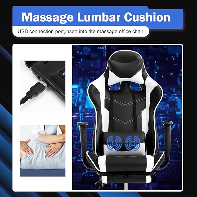Gaming Chair with Massage &amp Footrest - Ergonomic Racing Office Chair for Adults Women Gamers - Adjustable Reclining PC Gaming and Home Office Desk Chair with Lumbar Support White