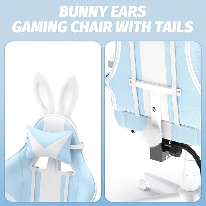 Ferghana Kawaii Bunny Ears Gaming Chair Cute Gamer Chair with Footrest and Massage Leather Ergonomic Computer Game Chairs for Girls Adults Teens Kids Light Blue